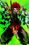  1boy closed_mouth demon_slayer_uniform earrings fire floating_clothes green_background haori highres holding holding_sword holding_weapon japanese_clothes jewelry kamado_tanjirou kimetsu_no_yaiba kyezzzz looking_at_viewer making-of_available male_focus red_hair scar scar_on_face simple_background solo sword tassel tassel_earrings weapon 
