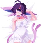  absurdres ahoge bow choker commission cyclops dreamalgia dress espeon eyelashes forehead_jewel highres lying on_back on_bed one-eyed paw_pose pokemon purple_eyes wavy_mouth white_dress 