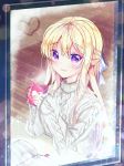  1girl aran_sweater bang_dream! bangs blonde_hair blue_bow blurry blurry_background blush book bow commentary_request cup depth_of_field elbow_rest eyebrows_visible_through_hair fingernails from_outside hair_between_eyes hair_bow heart highres holding holding_cup long_hair long_sleeves looking_at_viewer looking_out_window miyo_(user_zdsp7735) mug nail_polish open_book parted_lips pink_nails purple_eyes shirasagi_chisato sleeves_past_wrists solo sparkle sweater table very_long_hair white_sweater window window_writing wooden_floor 