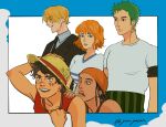  1girl 4boys absurdres bandana black_hair black_jacket blonde_hair closed_mouth commentary_request earrings green_hair hand_on_headwear haramaki hat highres jacket jewelry monkey_d._luffy multiple_boys nami_(one_piece) one_piece one_piece_(live_action) orange_bandana orange_hair parted_lips red_vest roronoa_zoro sanji_(one_piece) scar scar_on_cheek scar_on_face shirt short_hair short_sleeves straw_hat straw_hat_pirates suit_jacket twitter_username usopp v-neck vest white_shirt yao_yasan 