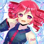  1girl :d absurdres black_shirt black_sleeves blue_background blush collared_shirt commentary_request detached_sleeves dress_shirt drill_hair hair_between_eyes hand_up headset highres kasane_teto kou_hiyoyo long_sleeves looking_at_viewer nail_polish pixelated red_eyes red_hair red_nails shirt sleeveless sleeveless_shirt smile solo sparkle twin_drills twintails two-tone_background upper_body utau v-shaped_eyebrows white_background wide_sleeves 
