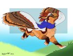 ambiguous_gender avian avisleaena beak blajn blue_eyes chest_tuft feathered_wings feathers female female/ambiguous feral fur gryphon happy mythological_avian mythological_creature mythology open_beak open_mouth orange_body orange_fur raised_wings running scarf simple_background tail tail_feathers tuft wings