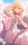  2girls :d ;) absurdres blue_eyes blue_ribbon braid cherry_blossoms commentary falling_petals gakuen_idolmaster green_eyes grey_hair grin hair_ribbon half_up_braid heart heart_hands heart_hands_duo heart_in_heart_hands highres idolmaster juu_10 katsuragi_lilja looking_at_viewer mole mole_under_eye multiple_girls official_alternate_costume one_eye_closed orange_hair outdoors petals pink_serafuku pleated_skirt ribbon ribbon_braid school_uniform serafuku shiun_sumika skirt smile untranslatable_commentary 