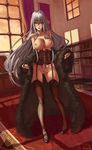  blush bookshelf breasts carpet clothes_down corset fur_coat garter_straps highres large_breasts legs lips long_hair looking_at_viewer lowleg nail_polish nipples nude pubic_hair red red_eyes revision selvaria_bles senjou_no_valkyria senjou_no_valkyria_1 silver_hair solo speh thighhighs topless uncensored very_long_hair white_hair window 