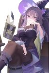  1girl :o absurdres black_dress black_hat black_pantyhose book breasts chair cleavage commentary_request crossed_legs detached_sleeves dress fingernails floating floating_book floating_object gompu hat herta_(honkai:_star_rail) highres honkai:_star_rail honkai_(series) large_breasts long_hair long_sleeves looking_at_viewer nail_polish pantyhose purple_eyes purple_hair purple_nails quill see-through_cleavage see-through_clothes sitting sleeveless sleeveless_dress solo the_herta_(honkai:_star_rail) very_long_hair witch_hat 