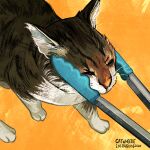  absurdres animal animal_focus artist_name brown_cat cat catwheezie commentary english_commentary from_above grabbing_cat_with_tongs_(meme) half-closed_eyes highres holding holding_tongs meme no_humans orange_background original photo-referenced realistic simple_background solo_focus tongs whiskers white_cat 
