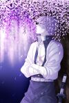  1boy belt closed_mouth commentary_request cowboy_shot crossed_arms demon_slayer_uniform flower grey_eyes haori highres japanese_clothes kimetsu_no_yaiba looking_to_the_side looking_up male_focus nature night open_clothes open_shirt outdoors pants purple_flower sabachon scar scar_on_arm scar_on_chest scar_on_face scar_on_nose shade shinazugawa_sanemi short_hair solo spiked_hair sword three-quarter_sleeves tree weapon white_belt white_hair white_haori wisteria 