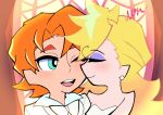  1boy 1girl blonde_hair blue_eyes breasts brief_(psg) church cleavage closed_eyes closed_mouth commentary_request couple dress earrings english_text freckles hair_pulled_back happy hetero highres husband_and_wife jewelry long_hair medium_breasts official_style one_eye_closed open_mouth orange_hair panty_&amp;_stocking_with_garterbelt panty_(psg) short_hair smile tuxedo twitter_username vvonpino wedding wedding_dress white_dress 