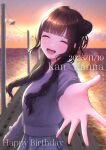  1girl :d absurdres animification black_hair blunt_bangs braid bun_with_braided_base commentary_request hair_bun happy_birthday highres kan_kanna long_hair long_sleeves noginogiro offering_hand open_hand open_mouth outdoors purple_shirt reaching reaching_towards_viewer real_life shirt sidelocks single_side_bun smile solo teeth voice_actor 