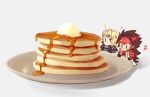  2boys armor black_armor blonde_hair brown_hair butter cidate fire_emblem fire_emblem_fates food long_hair maple_syrup multiple_boys pancake pancake_stack plate red_armor ryoma_(fire_emblem) xander_(fire_emblem) 