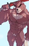  1boy abs absurdres animal_ears bakemono_no_ko bara bare_pectorals bear_boy bear_ears biceps completely_nude english_commentary erection furry furry_male grin highres holding holding_sword holding_towel holding_weapon kumatetsu looking_at_viewer male_focus milang_313 muscular muscular_male navel nipples nude pectorals penis pubic_hair red_eyes red_fur smile sweat sword testicles towel weapon wet 