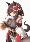  1girl animal_ears bare_shoulders blush braid braided_hair_rings breasts brown_hair cleavage closed_mouth commentary_request corset detached_sleeves dress ear_covers gentildonna_(regina_dei_fiori)_(umamusume) gentildonna_(umamusume) gloves hair_between_eyes hair_ornament hair_rings heart-shaped_ornament heart_ear_ornament highres horse_ears horse_girl large_breasts long_hair niku85son red_corset red_eyes see-through_cleavage see-through_clothes simple_background smile solo thighhighs umamusume white_gloves white_thighhighs 
