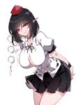  1girl arms_behind_back black_hair black_skirt breasts cleavage_cutout closed_mouth clothing_cutout collared_shirt commentary hair_between_eyes hat highres large_breasts leaning_forward looking_at_viewer medium_hair pointy_ears pom_pom_(clothes) raptor7 red_eyes shameimaru_aya shirt short_sleeves skirt smile solo thighs tokin_hat touhou untranslatable_commentary white_background white_shirt 