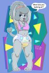 1990s_theme abstract_background accessory anthro bodily_fluids braces camisole canid canine canis chest_tuft chloe_couture clothing diaper domestic_dog english_text female full-length_portrait genital_fluids hair hair_accessory hairband hi_res looking_at_viewer mammal pacifier poodle portrait rainbow_pattern_underwear smile solo speech_bubble standing stargal_galexi text touching_hair tuft unclean_diaper urine used_diaper wet_diaper