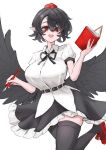  1girl :d black_hair black_skirt black_thighhighs black_wings breasts commentary cross-shaped_pupils frills hair_between_eyes highres holding holding_notebook holding_pen large_breasts looking_at_viewer notebook open_mouth pen pointy_ears protectload red_eyes red_shoes shameimaru_aya shirt shoes short_hair short_sleeves skirt smile solo symbol-shaped_pupils thighhighs thighs touhou white_background white_shirt wings zettai_ryouiki 