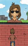 2024 anthro bianca_(bybuckett) blind blind_date_(iwhtg_mod) blue_sky bob_cut bottomwear brick brick_wall brown_body brown_hair brown_scales cavemanon_studios clothing color_edit colored comic day denim denim_bottomwear denim_clothing dinosaur disability dromaeosaurid eyewear female front_view hair hi_res i_wani_hug_that_gator jacket_ignites jeans oblivious outside pants park prehistoric_species reptile saurischian scales scalie sharp_teeth shirt short_hair sky smile solo sunglasses teeth theropod third-party_edit topwear wall_(structure)
