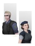  1boy 1girl albert_wesker artist_name beret black_vest blonde_hair blue_eyes blue_hat blue_shirt body_armor brown_hair closed_mouth collared_shirt commentary english_commentary grey_shirt hat headset highres jill_valentine light_smile looking_at_viewer police police_uniform radio resident_evil resident_evil_1 rya6ina shirt short_hair short_sleeves signature simple_background sunglasses upper_body vest white_background 