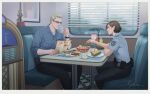  1boy 1girl absurdres albert_wesker alternate_universe arm_on_table artist_name belt black_belt black_pants blonde_hair blue_eyes blue_shirt booth_seating border brown_hair closed_mouth coffee coffee_mug collared_shirt commentary cup day dimple diner donut english_commentary figure food french_fries fried_egg from_side glasses highres holding holding_cup holding_food holding_menu indoors jill_valentine jukebox ketchup_bottle looking_at_another menu mr._raccoon_(resident_evil) mug mustard_bottle pants parted_lips police police_badge police_uniform resident_evil rya6ina sandwich sausage shirt short_hair short_sleeves signature sitting sleeves_rolled_up smile steam table white_border window window_blinds 