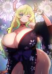  1girl aerial_fireworks artist_name bare_shoulders black_kimono blonde_hair breasts center_opening cleavage closed_mouth commentary_request dragon_horns fireworks floral_print floral_print_kimono green_eyes green_hair highres horns japanese_clothes kimono kobayashi-san_chi_no_maidragon large_breasts long_hair looking_at_viewer lucoa_(maidragon) multicolored_hair one_eye_closed print_kimono reiwa_rerere smile solo 