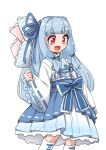  1girl :d adapted_costume alternate_costume blue_hair blue_overskirt blue_ribbon blunt_bangs boots commentary feet_out_of_frame flower_knot frilled_kimono frilled_ribbon frilled_sash frilled_sleeves frills fun_bo gradient_clothes gradient_skirt hair_intakes hair_ribbon hakama hakama_skirt hand_up highres japanese_clothes kimono kotonoha_aoi lolita_fashion long_hair looking_down low-tied_sidelocks medium_skirt obi obijime open_mouth petticoat pinching_sleeves pink_ribbon red_eyes ribbon ribbon-trimmed_kimono ribbon-trimmed_skirt ribbon-trimmed_sleeves ribbon_trim sash sidelocks simple_background skirt smile solo standing voiceroid wa_lolita waist_ribbon white_background white_boots white_kimono wide_sleeves yagasuri 