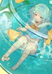  1boy air_bubble bare_legs barefoot belt belt_buckle blue_hair blue_shirt bow bowtie bubble buckle commentary ensemble_stars! fishbowl food fruit hair_ornament highres lemon lemon_slice male_focus midriff_peek mint navel noiikun partially_submerged purple_eyes sailor_collar shino_hajime shirt shoes short_hair short_sleeves solo tongue tongue_out untranslatable_commentary water white_belt white_sailor_collar white_shoes yellow_bow yellow_bowtie 