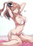  1girl battle_effectiveness_award bikini blue_eyes breasts brown_hair fuji_(pixiv24804665) high_side_ponytail highres kantai_collection large_breasts long_hair one_eye_closed ponytail saratoga_(kancolle) side-tie_bikini_bottom side_ponytail simple_background sitting smile smokestack_hair_ornament solo swimsuit wariza white_background white_bikini 