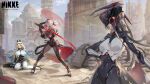  3girls absurdres arm_guards arm_support armored_bodysuit black_bodysuit blonde_hair blue_eyes bodysuit breast_curtains breasts cloak clothing_cutout commentary energy_sword english_commentary f.k_(hs225kr) fighting_stance floating_hair goddess_of_victory:_nikke grey_bodysuit grey_hair high_heels highres holding holding_sword holding_weapon leg_cutout long_hair looking_at_another mass-produced_heretic_(nikke) mechanical_arms multiple_girls nun nun_headdress official_art one_eye_closed outdoors rapunzel_(nikke) rapunzel_(pure_grace)_(nikke) scarlet_(black_shadow)_(nikke) scarlet_(nikke) sitting standing sword thighhighs very_long_hair weapon white_cloak white_thighhighs yokozuwari 