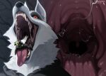 anthro black_body black_fur black_nose bodily_fluids canid canine canis death death_(puss_in_boots) digital_drawing_(artwork) digital_media_(artwork) digital_painting_(artwork) dreamworks drooling drooling_tongue facial_hair fangs fur hair hard_vore hi_res hoffersanchez male mammal mane mouth_shot mustache open_mouth painting_(artwork) pink_mouth predator/prey predator_penetrating_prey puss_in_boots_(dreamworks) puss_in_boots_(franchise) red_eyes saliva saliva_on_tongue snout solo teeth throat tongue tongue_out toony vore white_body white_fangs white_fur white_hair wolf