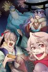  2boys 2girls aerial_fireworks anger_vein angry azura_(celebratory_spirit)_(fire_emblem) azura_(fire_emblem) blue_hair breasts camilla_(fire_emblem) camilla_(holiday_traveler)_(fire_emblem) cleavage fire_emblem fire_emblem_fates fire_emblem_heroes fireworks grey_hair hair_over_one_eye highres japanese_clothes kimono large_breasts male_corrin_(fire_emblem) male_corrin_(new_year)_(fire_emblem) multiple_boys multiple_girls new_year night official_alternate_costume outdoors purple_hair red_eyes sanschips takumi_(fire_emblem) takumi_(prince_of_soup)_(fire_emblem) 