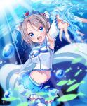  1girl air_bubble armpit_crease armpits blue_eyes blue_thighhighs blush breasts brown_hair bubble detached_sleeves dot_nose earrings fish frills gem gloves grey_hair hair_ornament highres jewelry koi_ni_naritai_aquarium light_particles looking_at_viewer love_live! love_live!_sunshine!! midriff motoasako navel ocean open_mouth outdoors presenting_armpit reaching reaching_towards_viewer ribbon skirt smile socks solo splashing stomach string_of_pearls striped_clothes striped_thighhighs sun sunlight teeth thighhighs tiara underwater underwear upper_teeth_only watanabe_you wavy_hair white_thighhighs 