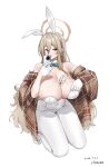  1girl absurdres akane_(blue_archive) akane_(bunny)_(blue_archive) animal_ear_hairband animal_ears aqua_bow aqua_bowtie between_breasts blue_archive bow bowtie breasts brown_eyes brown_halo brown_shawl cellphone commentary_request covered_navel fake_animal_ears glasses gloves hair_between_eyes hairband halo highres holding holding_phone huge_breasts leotard long_hair official_alternate_costume pantyhose phone plaid_clothes plaid_shawl playboy_bunny rabbit_ear_hairband rabbit_ears shangdi_de_fa_zhang shawl smartphone smile solo strapless strapless_leotard traditional_bowtie unworn_eyewear very_long_hair white_gloves white_hairband white_leotard white_pantyhose 