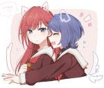  2girls :d animal_ears blue_eyes blue_hair blush brown_dress cat_ears cat_tail commentary crop_top dog_ears dog_tail drawn_ears drawn_tail dress hasu_no_sora_school_uniform highres hug hug_from_behind kinjou_maika kurotoia link!_like!_love_live! long_hair long_sleeves love_live! multiple_girls neckerchief open_mouth pairing_name profile red_hair red_neckerchief reizawa_aoi sailor_collar sailor_dress school_uniform short_hair smile tail translated turtleneck upper_body white_sailor_collar winter_uniform 