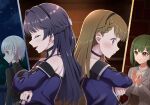  4girls absurdres ampere_(love_live!) bare_shoulders black_hair black_sweater blue_coat braid brown_hair brown_pants center-flap_bangs chain chain_necklace coat commentary_request dollchestra grey_coat grey_sweater half_up_braid highres jewelry kachimachi_kosuzu link!_like!_love_live! long_hair long_sleeves love_live! multicolored_hair multiple_girls murano_sayaka necklace off-shoulder_coat off_shoulder ogami_sachi ogami_sachi_(post-graduation) open_clothes open_coat pants pink_eyes red_streaks satolive20 shirt short_hair side_braids sleeveless sleeveless_shirt streaked_hair sweater turtleneck turtleneck_sweater virtual_youtuber white_hair white_shirt yugiri_tsuzuri yugiri_tsuzuri_(post-graduation) 