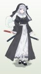  1girl absurdres alternate_costume black_dress black_shoes black_veil bob_cut coif cross dress ghost grey_hair guimpe highres katana konpaku_youmu konpaku_youmu_(ghost) nun nun_headdress scabbard sheath shoes short_hair socks sword touhou traditional_nun veil weapon white_socks youmufan 