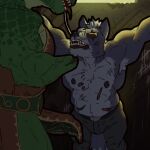 absurd_res armpit_hair avalath_tiger bared_teeth beaten_up bodily_fluids body_hair bottomwear bound chin_up clothed clothing clothing_lift dinosaur duo erection eye_patch eyewear faceless_character faceless_male general_scales genitals hi_res loincloth loincloth_lift looking_up male male/male missing_hand muscular muscular_male nintendo penis prehistoric_species reptile saliva saliva_string scalie scar scars_all_over sharpclaw_(star_fox) shirtless star_fox tail tail_between_legs tally_marks vein veiny_muscles veiny_penis wolf_o'donnell