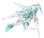  00_raiser anniversary character_name commentary ebikawa_kanetake exhaust flying from_behind gn_drive gn_particles gn_sword gundam gundam_00 holding holding_sword holding_weapon mecha mobile_suit no_humans official_art robot science_fiction sd_gundam_g_generation signature solo spot_color sword weapon white_background 