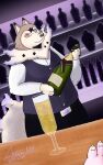 absurd_res alcohol antares_alexanyel anthro bartender belt beverage bottomwear brown_body brown_fur brown_nose champagne clothed clothing container cup dust_cloud first_person_view foam fur fur_markings furniture generation_7_pokemon glass glass_container glass_cup hi_res looking_at_viewer lycanroc male markings midday_lycanroc neck_tuft nintendo pants pokemon pokemon_(species) pov_hands purple_light shirt simple_background slightly_chubby solo stardust_(antares_ldm) table tan_body tan_fur topwear tuft vest wood wood_furniture wood_table