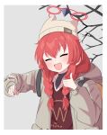  1girl ^_^ absurdres animal_ear_headwear bare_tree beanie blue_archive blush border braid closed_eyes coat collared_shirt commentary facing_viewer failure feathers grey_background grey_coat grey_hat hair_between_eyes halo hands_up happy hat highres hood hooded_coat long_hair long_sleeves low_twin_braids maki_(blue_archive) maki_(camp)_(blue_archive) official_alternate_costume official_alternate_hairstyle open_clothes open_coat open_mouth outdoors photo_(object) pov red_hair red_halo red_sweater shirt simple_background smile solo sweater thumbs_up tree twin_braids upper_body white_border white_feathers white_shirt zombt 