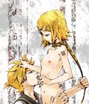  1girl bdsm blonde_hair blue_eyes brother_and_sister collar finger_in_mouth flat_chest gyorui_(toura_minato) hair_ornament hairclip hands headphones incest kagamine_len kagamine_rin leash licking nipples nude saliva short_hair siblings twincest twins vocaloid 