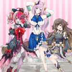  3girls anya_melfissa anya_melfissa_(1st_costume) arm_up armpits arms_up asymmetrical_bangs bandaged_arm bandages black_bow black_dress black_shoes blonde_hair blonde_streaks blue_dress blunt_bangs blunt_ends bow bowtie braid breasts brown_hair center_frills closed_mouth clothing_cutout commentary cowboy_shot detached_sleeves diamond-shaped_pupils diamond_(shape) double-parted_bangs double_bun dress earrings english_commentary feather_hair_ornament feathers foot_out_of_frame frilled_skirt frilled_sleeves frills gradient_hair green_eyes hair_bow hair_bun hair_ornament heterochromia highres hololive hololive_indonesia holoro invisible_chair jewelry kris_hair_ornament kureiji_ollie kureiji_ollie_(1st_costume) large_breasts layered_skirt long_hair long_sleeves looking_at_viewer mismatched_pupils multicolored_hair multiple_girls navel open_mouth patchwork_skin pavolia_reine pavolia_reine_(1st_costume) puffy_short_sleeves puffy_sleeves purple_eyes red_bow red_bowtie red_hair ribbon shoes short_sleeves side_braid single_earring sitting skin_tight skirt sleeveless sleeveless_dress small_breasts smile stitched_arm stitched_face stitched_leg stitched_torso stitches stomach_cutout streaked_hair striped_background symbol-shaped_pupils teeth thigh_strap thighhighs torn_clothes torn_dress two-tone_hair two_side_up upper_teeth_only vertical-striped_background very_long_hair virtual_youtuber wavy_hair white_hair white_thighhighs wrist_ribbon x-shaped_pupils yellow_eyes zaki_zaki_zaki zombie 