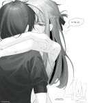 2girls absurdres arms_around_neck bite_mark bite_mark_on_arm blush braid commentary english_text greyscale half_up_braid hickey highres implied_fingering long_hair looking_at_another miyagi_shiori monochrome multiple_girls sendai_hazuki shirt short_hair shuuniichido_classmate_wo_kau_hanashi speech_bubble tears yuri yyuujyn50286 