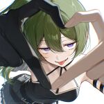 1girl ai-generated arm_strap bare_shoulders black_dress black_gloves breasts choker commentary_request dress finger_heart gloves green_hair hair_between_eyes long_hair looking_at_viewer pleated_dress purple_eyes side_ponytail simple_background single_glove smile solo sousou_no_frieren taiyo_sun_2024 tongue tongue_out ubel_(sousou_no_frieren) white_background 
