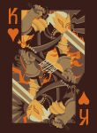  1other armor card commentary english_commentary fire gloves grey_hair health_bar highres king_(playing_card) king_of_hearts_(playing_card) long_hair mask over_shoulder pauldrons playing_card shoulder_armor slay_the_spire solideryx sword sword_over_shoulder the_ironclad_(slay_the_spire) weapon weapon_over_shoulder yellow_eyes 