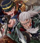  2boys aiming aiming_at_viewer bayonet beard black_hair blood blood_on_clothes blood_on_face blue_hat blue_jacket bolt_action charging_forward clenched_teeth commentary_request facial_hair floating_hair golden_kamuy green_jacket grey_eyes grey_hair gun hat highres hijikata_toshizou_(golden_kamuy) holding holding_gun holding_sword holding_weapon injury jacket katana kepi long_beard long_hair long_sleeves looking_at_viewer male_focus military_hat military_uniform multiple_boys old old_man open_mouth rifle scar scar_on_cheek scar_on_face scar_on_mouth scar_on_nose scarf signature star_(symbol) striped_clothes striped_scarf sugimoto_saichi sword teeth two-tone_hat weapon yellow_eyes yellow_hat yellow_scarf yumi_(soak1111) 
