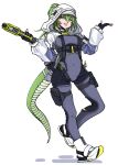  1girl arknights arknights:_endfield black_bodysuit black_gloves bodysuit breasts covered_navel fingerless_gloves fluorite_(arknights) full_body gloves green_eyes green_hair gun highres holding holding_gun holding_weapon holster hood hood_up hooded_shrug looking_at_viewer medium_breasts ponytail sate shoes shrug_(clothing) simple_background snake_girl snake_tail solo tail thigh_holster tongue tongue_out weapon white_background white_shoes white_shrug 