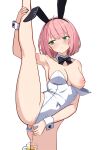  1girl ahoge animal_ear_hairband animal_ears aqua_eyes arm_up armpits averting_eyes black_bow black_bowtie black_hairband blush bow bowtie closed_mouth collar covered_navel cup detached_collar fake_animal_ears hairband highres keisuke309 leotard leotard_pull mug nipples original pee peeing peeing_in_cup pink_hair playboy_bunny rabbit_ear_hairband rabbit_ears short_hair simple_background solo split standing standing_on_one_leg standing_split strapless strapless_leotard traditional_bowtie urethral_insertion white_background white_collar white_leotard white_wrist_cuffs wing_collar wrist_cuffs 