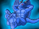  5_toes abs anthro barefoot blue_dragon darkzeus dragon feet foot_focus humanoid_feet male muscular nipples nude red_eyes scalie soles solo toes 