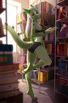  anthro barefoot bra breasts butt_pose clothed clothing detailed_background female green_eyes hair library lizard panties reptile scalie smile solo spefides spines standing underwear white_hair 