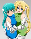  :d anime_coloring aqua_hair ass ass_grab back black_eyes blonde_hair blue_eyes blush braid breast_press breasts capitan_(tsyoujo) cleavage collarbone covered_nipples detached_sleeves elf from_above grey_background hairband hands_together highres long_hair looking_at_viewer medium_breasts multiple_girls open_mouth original pointy_ears simple_background skin_tight smile symmetrical_docking thighhighs twintails 