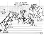  2016 anthro black_and_white canine clothed clothing dialogue disney duke_weaselton electoons english_text feline finnick flash_slothmore fox grease_(movie) group male mammal monochrome mustelid nick_wilde open_mouth parody sketch sloth text tiger tongue weasel wolf zootopia 